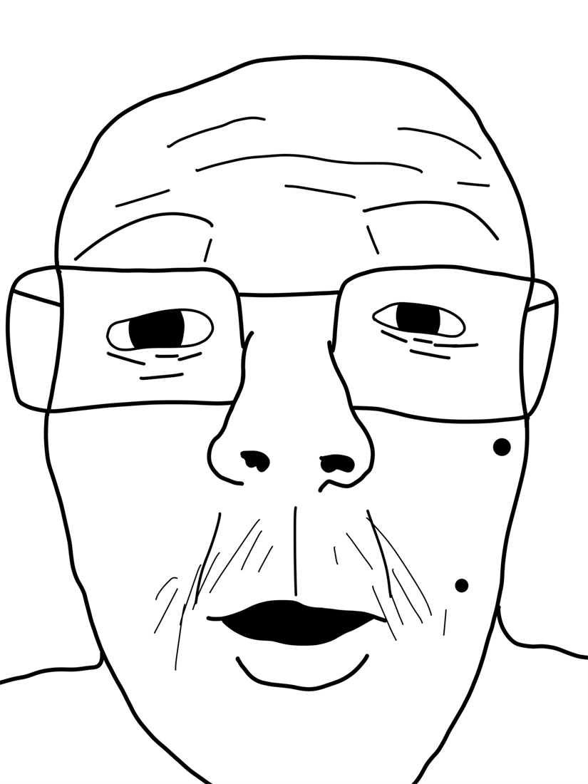 An older wojak in glasses squinting at the screeners