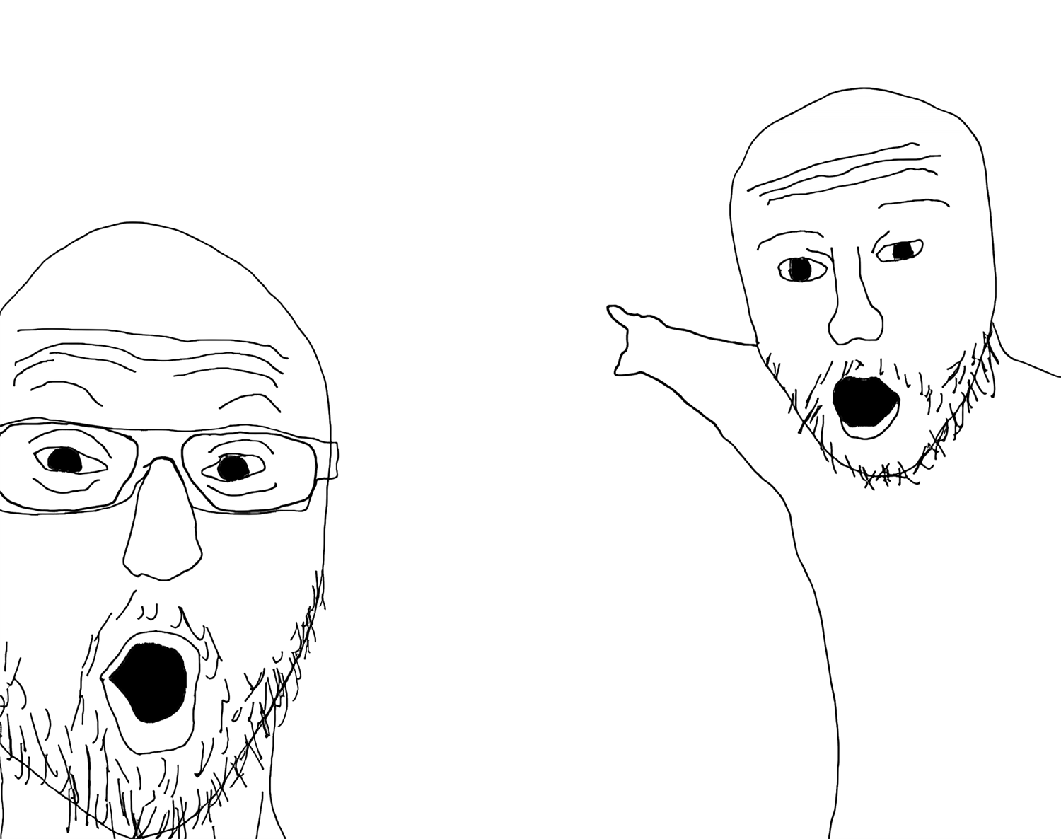 Two wojaks pointing, wide-eyed, at the question